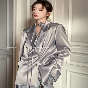 용수철 레트로 여성용 실버 새틴 세트 재킷, 턴다운 칼라, 인조 실크 블레이저 코트, OL 광택 카디건, 3D 플라워 초커 탑