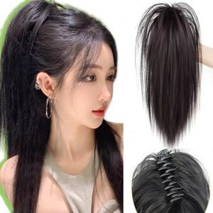 합성 짧은 스트레이트 클로 클립 포니 테일 헤어 익스텐션 16 인치 테일 여성용 가짜 머리 말 꼬리 블랙 브라운 헤어 피스