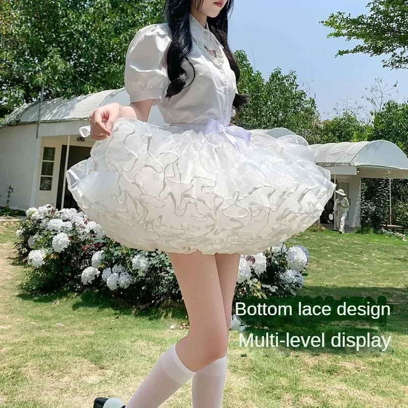여성용 다층 프릴 페티코트 푹신한 버블 스커트 크리 놀린 언더 셔츠 후프 없음 뼈없는 로리타 푹신한 스커트 미니 스커트