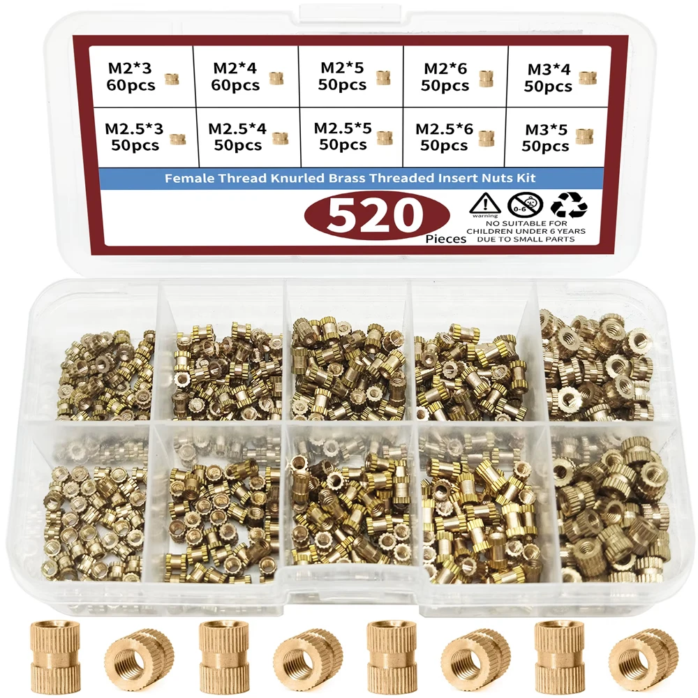520pcs M2 M2.5 M3 미터법 암나사 널링 황동 스레드 인서트 내장 너트 모음 키트, 더블 패스 널링 너트 구리