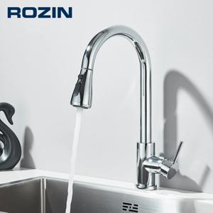 Rozin 크롬 주방 수도꼭지 데크 장착 풀 아웃 스파우트 주방 싱크 믹서 탭 단일 레벨 스트림 분무기 노즐 믹서 탭