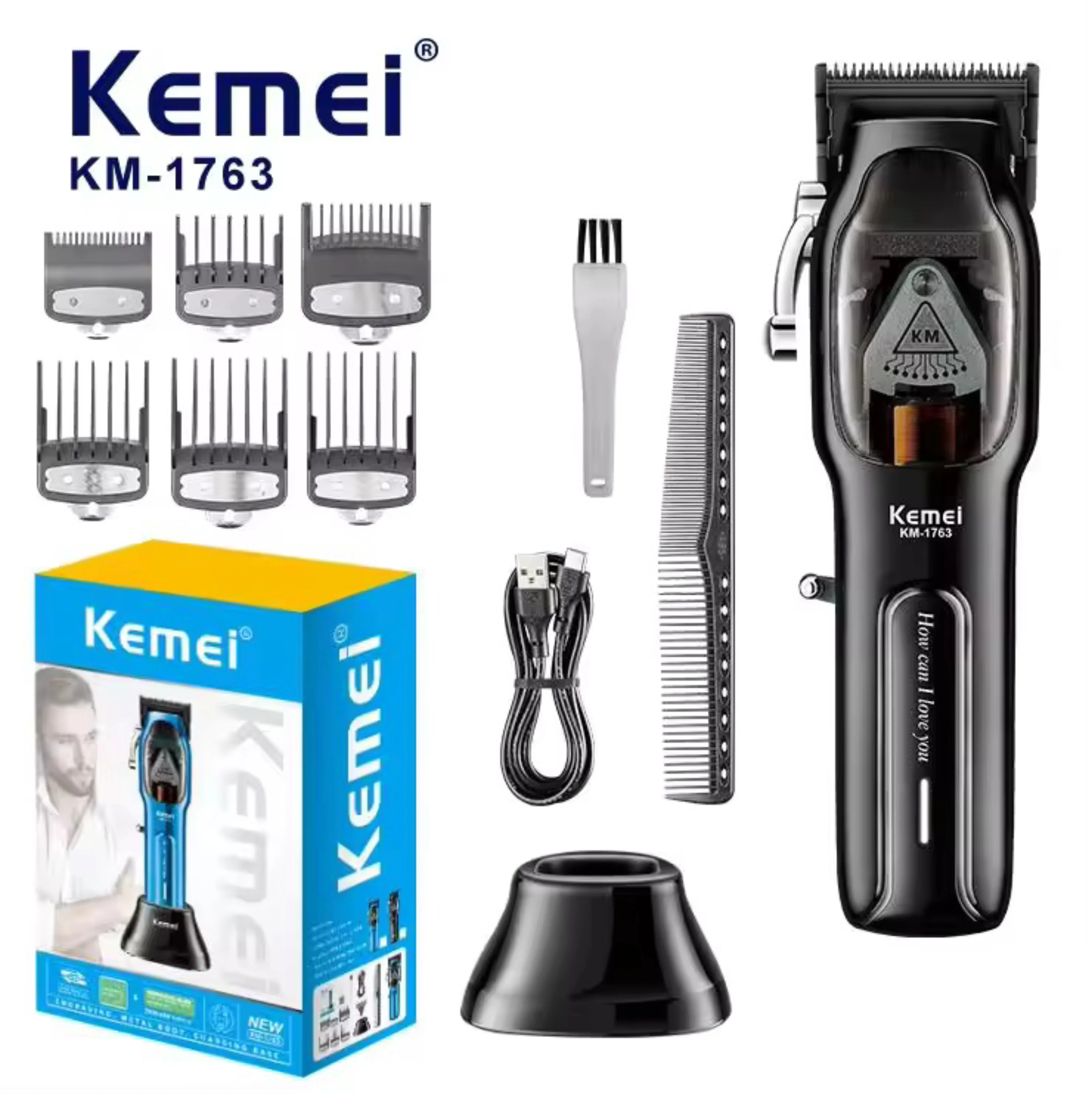 Kemei Barber 고속 모터 9000 RPM 전기 머리 깎기 충전식 전문 헤어 트리머 충전 baseKM-1763
