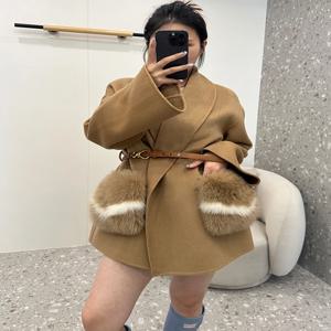 여성용 양모 망토 캐시미어 따뜻한 박쥐 셔츠 재킷, 진짜 천연 여우 모피 포켓 코트, 럭셔리 두꺼운 코트, 신상 패션, 겨울