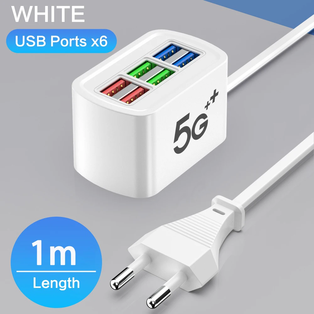 고속 USB 충전기 6 in 1 전원 스트립 데스크탑 충전 스테이션 고속 충전 1m 코드 iPhone 16 홈용 USB 허브 어댑터 소켓