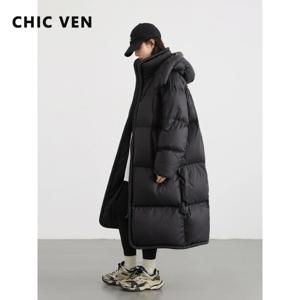 CHIC VEN 여성용 다운 코트, 루즈 80 화이트 덕 다운, 두껍고 따뜻한 퍼프 다운 재킷, 부드러운 후드 여성 오버코트, 겨울 2024, 신상