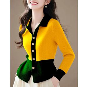 2024 패치 워크 새로운 가을 겨울 폴로 뜨개질 카디건 스웨터 코트 패션 모든 경기 긴 소매 기질 탑 티 여성