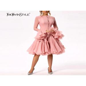 TWOTWINSTYLE 여성 드레스 불규칙한 Pleated 패치 워크 패션 긴 랜턴 슬리브 허리 Cinching 미니 드레스 2024 새로운 의류