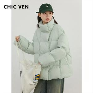 CHIC VEN 여성용 단색 캐주얼 다운 코트, 루즈한 스탠드 업 칼라, 짧은 여성 다운 재킷, 오피스 레이디 오버코트, 가을 겨울 2024