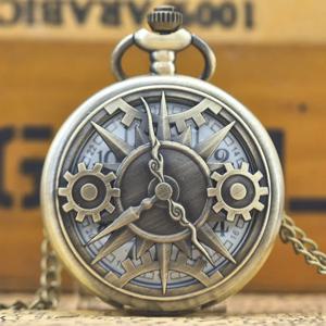 골동품 Steampunk 청동 중공 기어 운동 석영 주머니 시계 펜던트 선물 체인 소년 남자