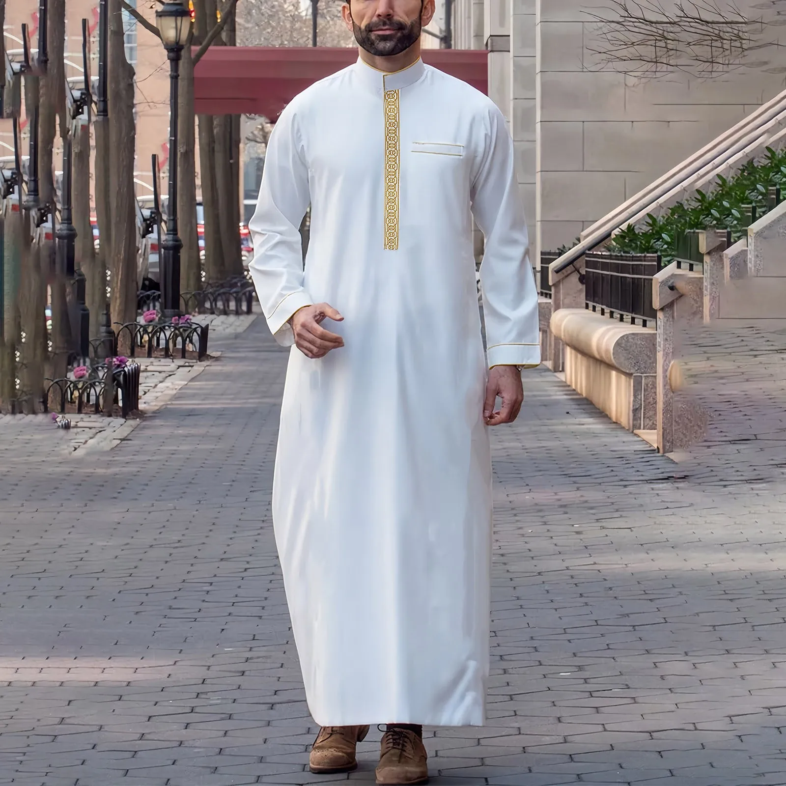 2025 이슬람 남자 가운 수 놓은 느슨한 롱 스커트 라마단기도 Kaftan 파키스탄 복장 Thobe 신사 전통 드레스