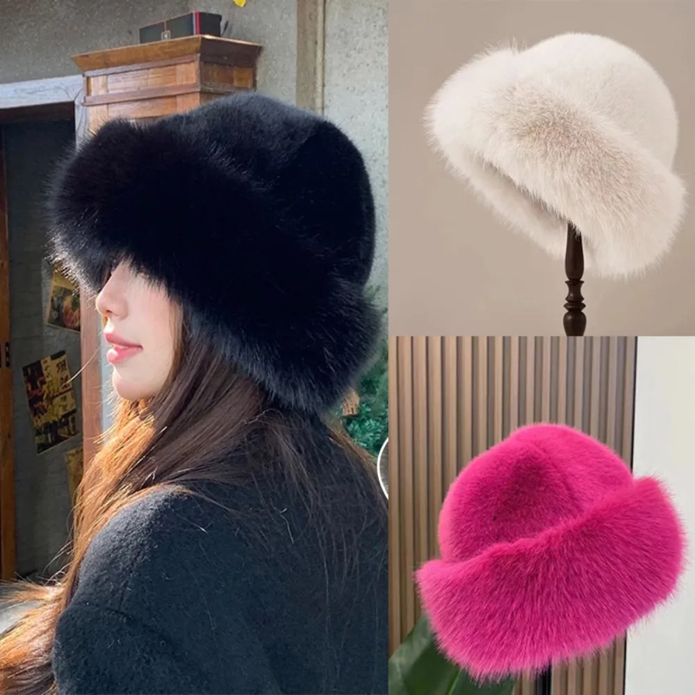 따뜻한 여성 겨울 모자 푹신한 모피 양동이 모자 여성용 플러시 어부 모자 두꺼운 추운 눈 덮인 날 파나마 모자