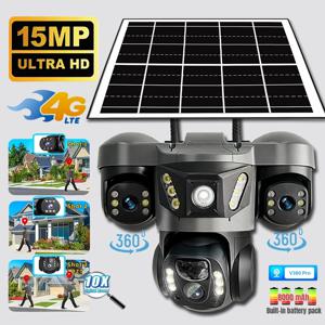 15MP 삼중 렌즈 PTZ 10X 줌 태양광 카메라 실외 삼중 스크린 4G SIM 보안 360 °   자동 추적 스마트 홈 무선 CCTV 캠