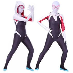 키즈 스파이더 그웬 코스프레 슈퍼 히어로 바디 슈트 Gwendolyn Maxine Stacy 3D Zentai 할로윈 역할 놀이 의상 후드 마스크 Jumpsuitt