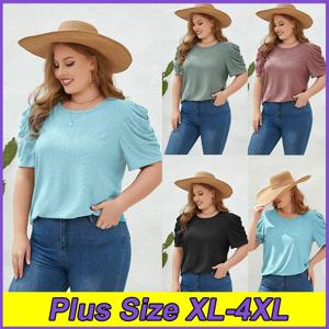 여성용 플러스 사이즈 티셔츠 여름 솔리드 컬러 얇은 통기성 티셔츠 XL-4XL 라운드 넥 반팔 통근 오버 사이즈상의
