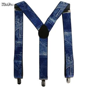 Winfox 남성용 조정 가능한 멜빵 벨트, 데님 블루 탄성 브레이스, 3.5cm 와이드, 3 클립