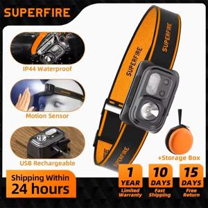 SUPERFIRE 미니 강력한 하이킹 캠핑 헤드 램프 USB C 충전식 헤드 라이트 LED 센서 헤드 라이트 작업용 전면 헤드 램프