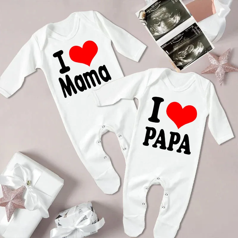 나는 아빠 엄마를 사랑합니다 아기 Babygrow Sleepsuit 아기 오는 집 복장 Newbron 샤워 선물 소년 소녀 귀여운 Sleepsuit 유아 흰색 Romper