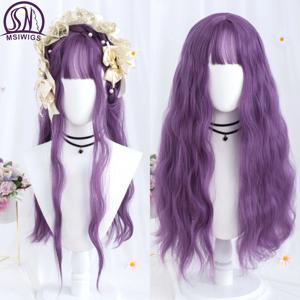 MSIWIGS 긴 물결 모양의 보라색 코스프레 합성 가발 로리타 할로윈 여성용 앞머리 파티 Dailly 내열성 가발