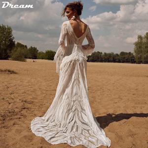 DREAM 맞춤형 V넥 플레어 슬리브 레이스 웨딩 드레스, 긴 신부 원피스, 백리스 빈티지 복장, 신부 가운, 2025
