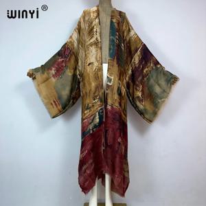 WINYI 기모노 새로운 오일 프린트 비키니 커버 업 여성을위한 우아한 해변 의상 섹시한 코튼 느낌 vestidos para mujer dress kaftan