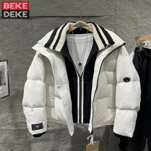 남성용 두꺼운 따뜻한 화이트 덕 다운 재킷, 스탠드 칼라 접합 방풍 오버코트, 루즈핏 캐주얼 외부 다운 코트, 겨울 패션