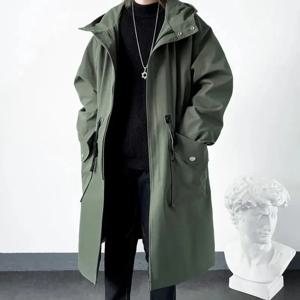 2025 봄 가을 육군 녹색 윈드 브레이커 패션 남성 중간 길이 캐주얼 후드 코트 남성 데일리 하이 스트리트 오버 코트 남성 의류