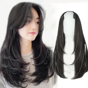 합성 가발 여성용 Traceless 보이지 않는 U 자형 긴 직모 내부 버클 포함 긴 곱슬 머리 자연 확장 가발