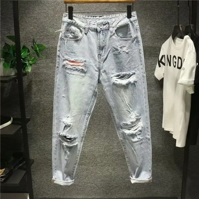 남성용 구멍이 뚫린 카우보이 바지, 찢어진 찢어진 하렘 힙합 바지, 레트로 클래식 트렌드 2024, 한국 스타일