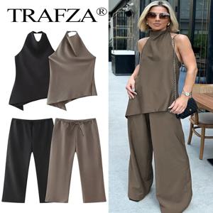 TRAFZA 여성 빈티지 솔리드 팬츠 세트 섹시한 백 레스 홀터 캐미 탑 비대칭 탱크 탑 + 드로우 스트링 바지 패션 streetwear