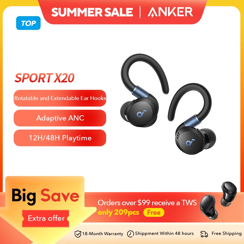 Soundcore by Anker Sport X20 진정한 무선 운동 이어버드 이어훅 이어폰 Bluetooth 무선 Bluetooth 헤드폰