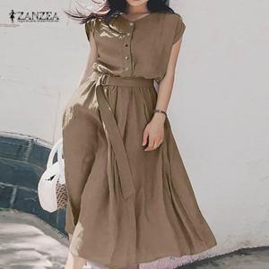 2025 ZANZEA 여성 패션 반팔 드레스 여름 우아한 파티 Vestidos 캐주얼 Mid-calf Sundress Femme Vintage OL Robe Kaftan
