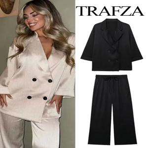 TRAFZA 여성용 통근복 2피스 레트로 링클 효과 더블 브레스트 블레이저 + 하이 웨이스트 여성 캐주얼 레이스 업 바지