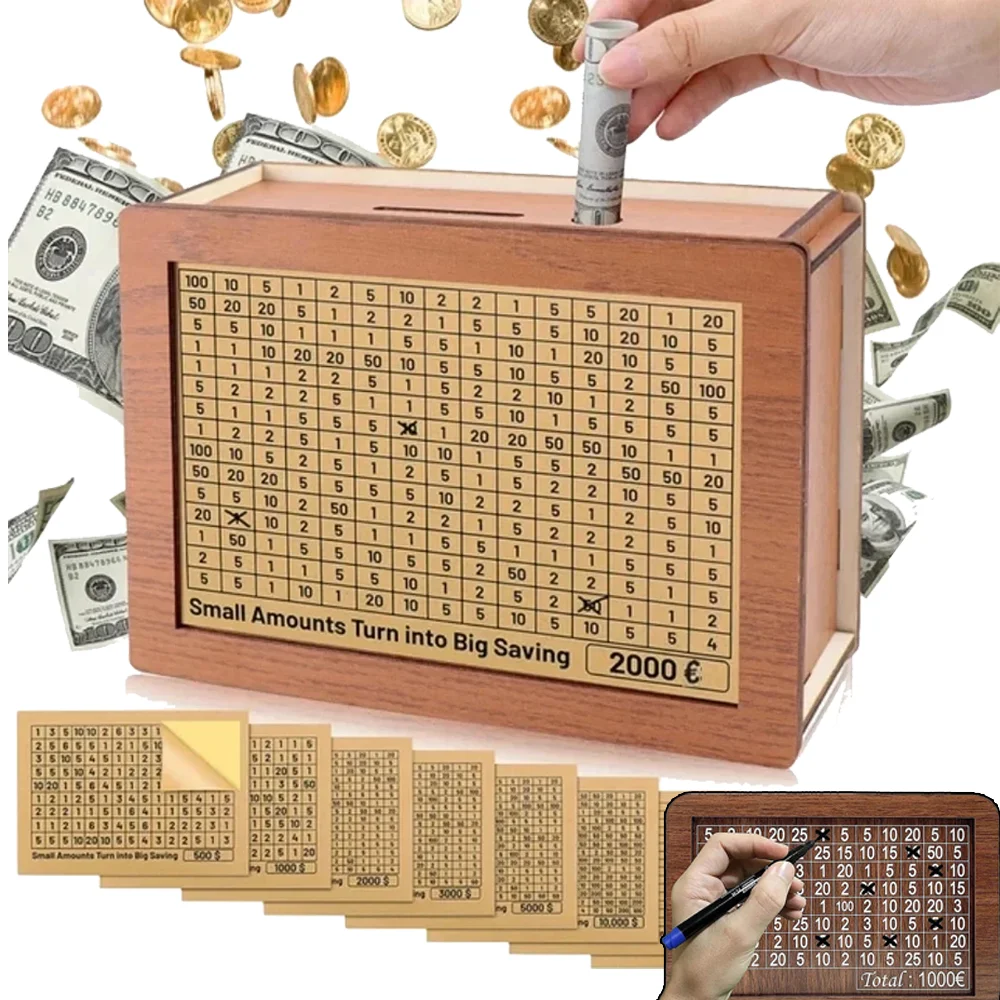 새로운 나무 돼지 저금통 재사용 가능한 수제 저금통, 저축 목표 및 숫자가 있는 돼지 저금통으로 저축 습관을 확인할 수 있습니다.