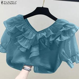 ZANZEA 여성 솔리드 프릴 블라우스 빈티지 3/4 슬리브 v 넥 Chemise 2024 여름 오피스 쉬폰 셔츠 캐주얼 루즈 스티치 탑