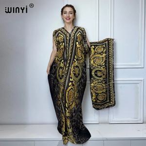 WINYI 아바야 두바이 럭셔리 아프리카 보호 프린트 V넥 긴팔 카프탄 원피스, 우아한 맥시 길이 원피스, 여성 의류