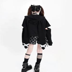 Hikigawa 세련된 패션 여성 가을 ​​streetwear 캐주얼 느슨한 토끼 귀 후드 코트 빈티지 캐주얼 지퍼 자켓 탑스 mujer