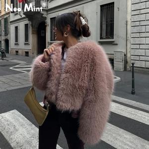 네오 민트 브랜드 패션 2024 겨울 달콤한 핑크 자른 가짜 모피 코트 여성 streetwear ins 세련된 여자 솜털 여우 모피 자켓 여성