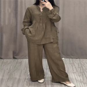 여성 2 조각 세트 패션 오피스 레이디 코튼 린넨 긴 소매 캐주얼 루즈 와이드 레그 바지 정장 2024 봄 가을 여성 세트