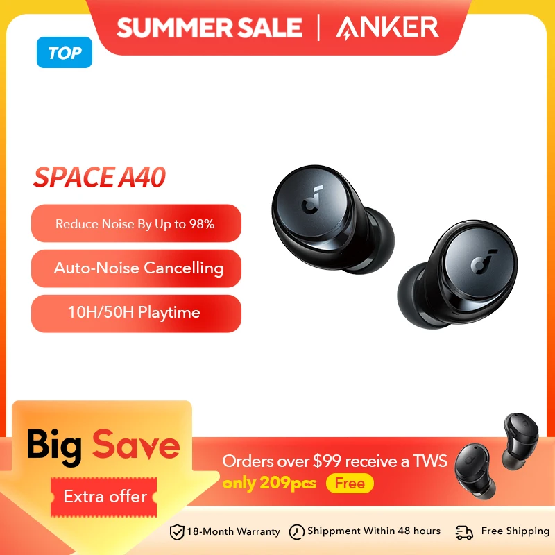 Anker Space A40 이어폰의 Soundcore 적응형 능동형 소음 차단 무선 이어버드 무선 Bluetooth 헤드폰