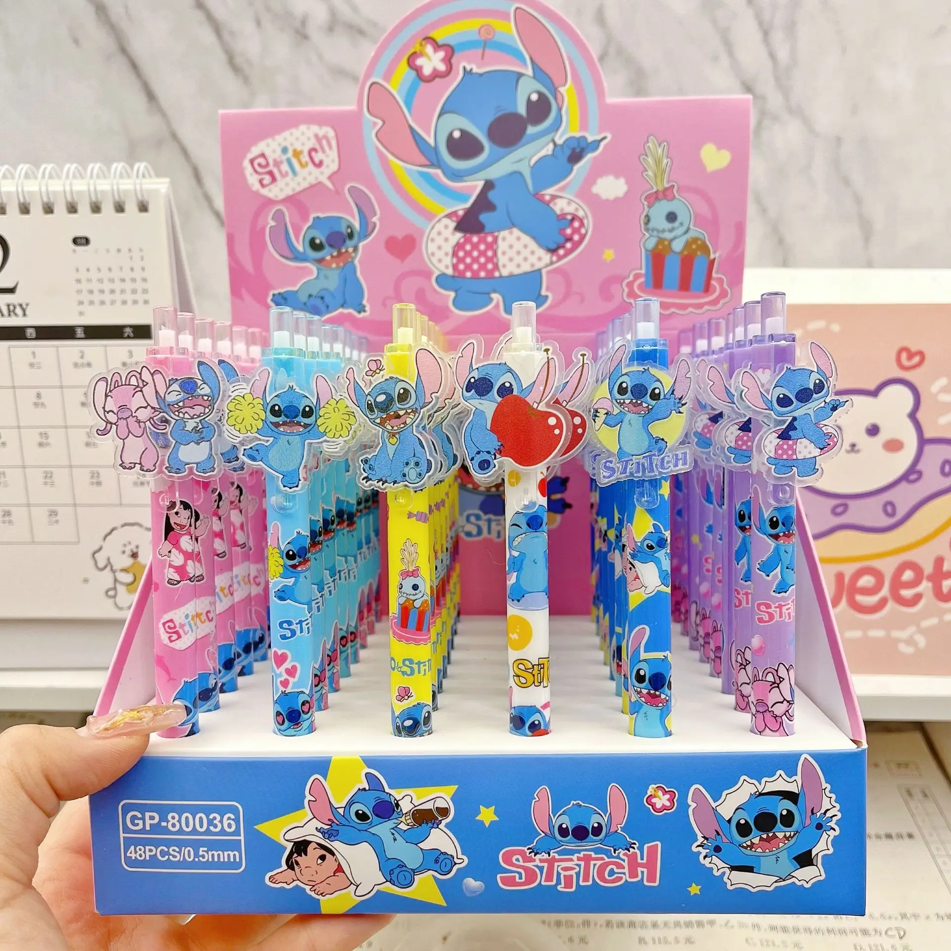 디즈니 스티치 12/24/48pcs 젤 펜 릴로 & 스티치 프레스 만화 패치 0.5mm 블랙 편지지 학생 서명 펜 쓰기 도구