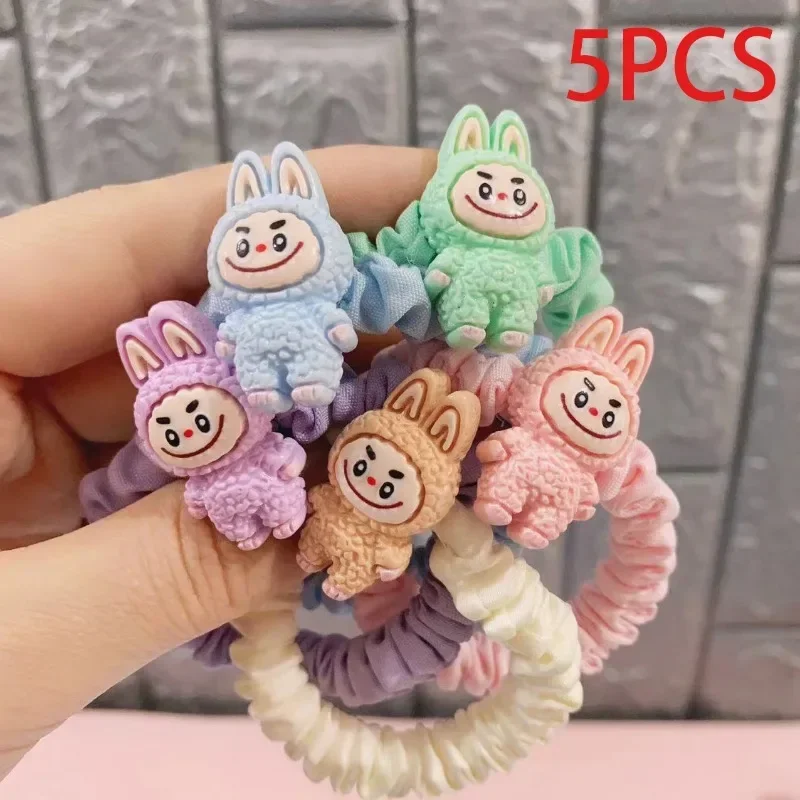 5pcs Labubu 헤어 밧줄 넥타이 만화 귀여운 탄성 헤어 밴드 Scrunchies 여성 머리띠 소녀 포니 테일 홀더 헤어 액세서리 선물
