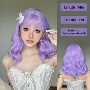 새로운 14 인치 보라색 짧은 곱슬 가발 전체 머리 할로윈 뜨거운 Coplay 로리타 곱슬 머리 파티 활동 가발을 착용