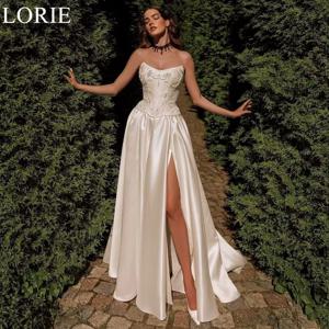 LORIE 우아한 새틴 웨딩 드레스, A 라인 사이드 슬릿 비즈, 스트랩리스 레이스, 주름 신부 무도회 가운, 2025 신부 가운, 맞춤형