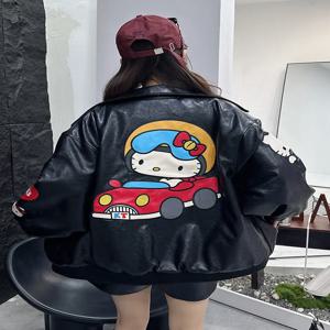 여성용 가죽 재킷 루즈핏 여성용 카툰 자수 빈티지 캐주얼 패션 가을 겨울 여성용 가죽 재킷 여성용 가죽 자켓 여성용 가죽 코트 가죽 재킷