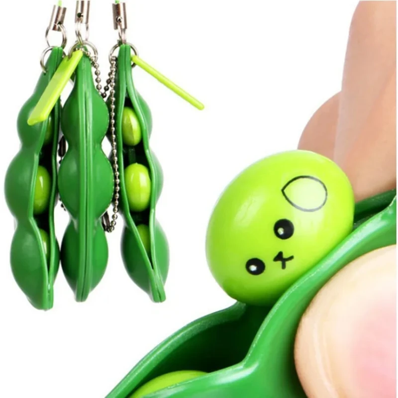 2Pcs Peapod Fidget 장난감 콩 Edamame 완두콩 키 체인 열쇠 고리 압출 콩 촉각 느낌 릴리스 압력 액세서리