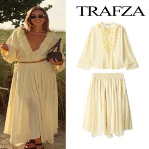 TRAFZA 여성 여름 패션 스커트 정장 v 넥 긴 소매 계층화 된 장식 레이스 업 셔츠 + 사이드 지퍼 원형 쉬폰 스커트