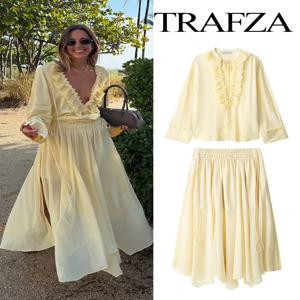 TRAFZA 여성 세트 밝은 노란색 v 넥 긴 소매 계층화 된 장식 레이스 업 셔츠 + 하이 웨스트 롱 스커트 여성 우아한 정장