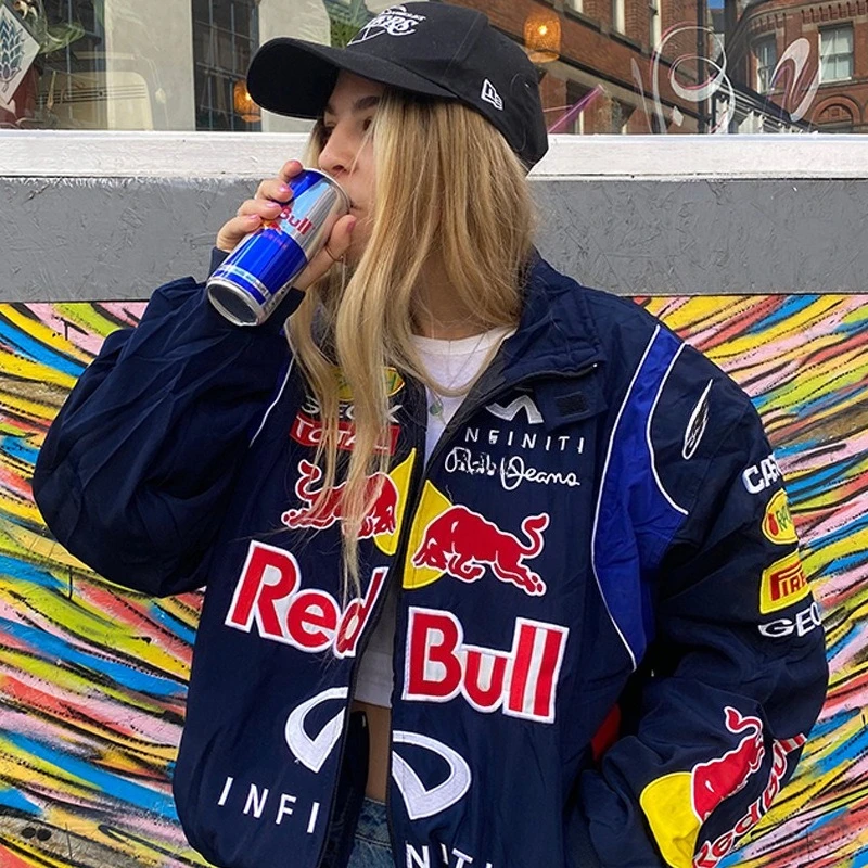 Red Bull Racing F1 오토바이 봄, 가을 얇은 재킷 스포츠 스타일 블랙 프린트 캐주얼 루즈 긴 소매
