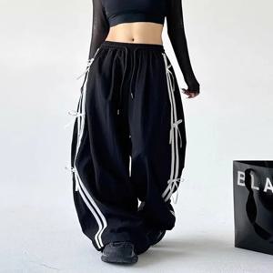 아메리칸 레트로 스트라이프 나비 매듭 드로스트링 와이드 레그 워크웨어 트라우저 여성용 하이웨이스트 캐주얼 스포츠 팬츠
