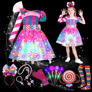 새로운 Purim 소녀 캔디 드레스 레인보우 글로우 드레스 어린이 생일 파티 드레스 멋진 하프 긴 소매 드레스 카니발 소녀 파티 드레스